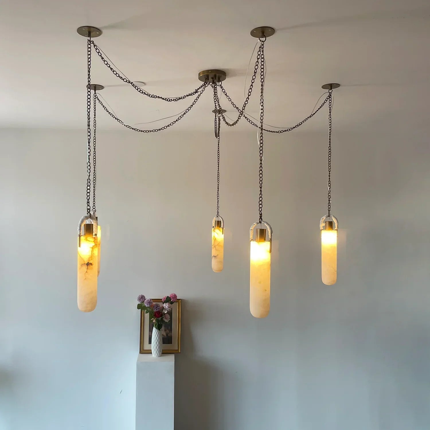 Cylindrical Alabaster Draped Chain Chandelier | wildoxy
