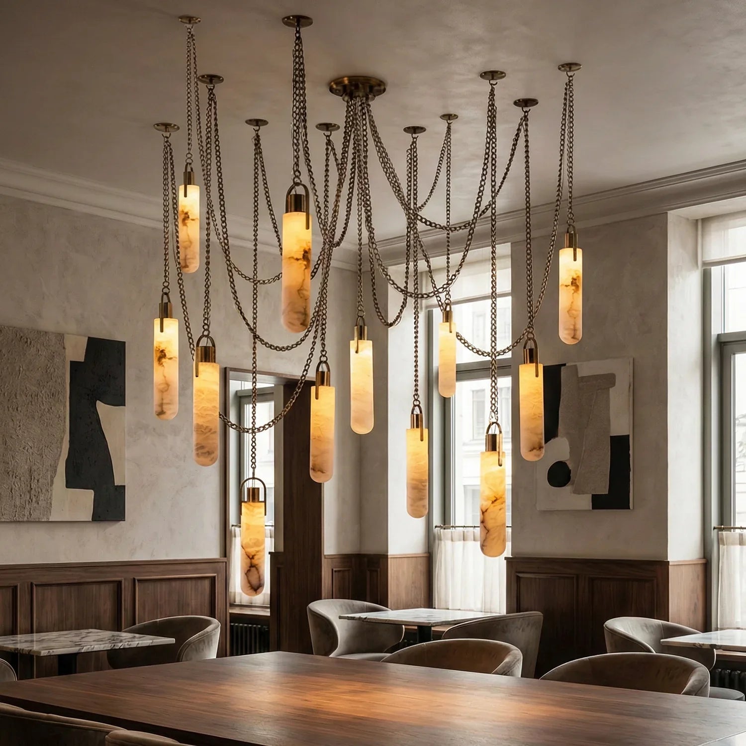 Cylindrical Alabaster Draped Chain Chandelier | wildoxy