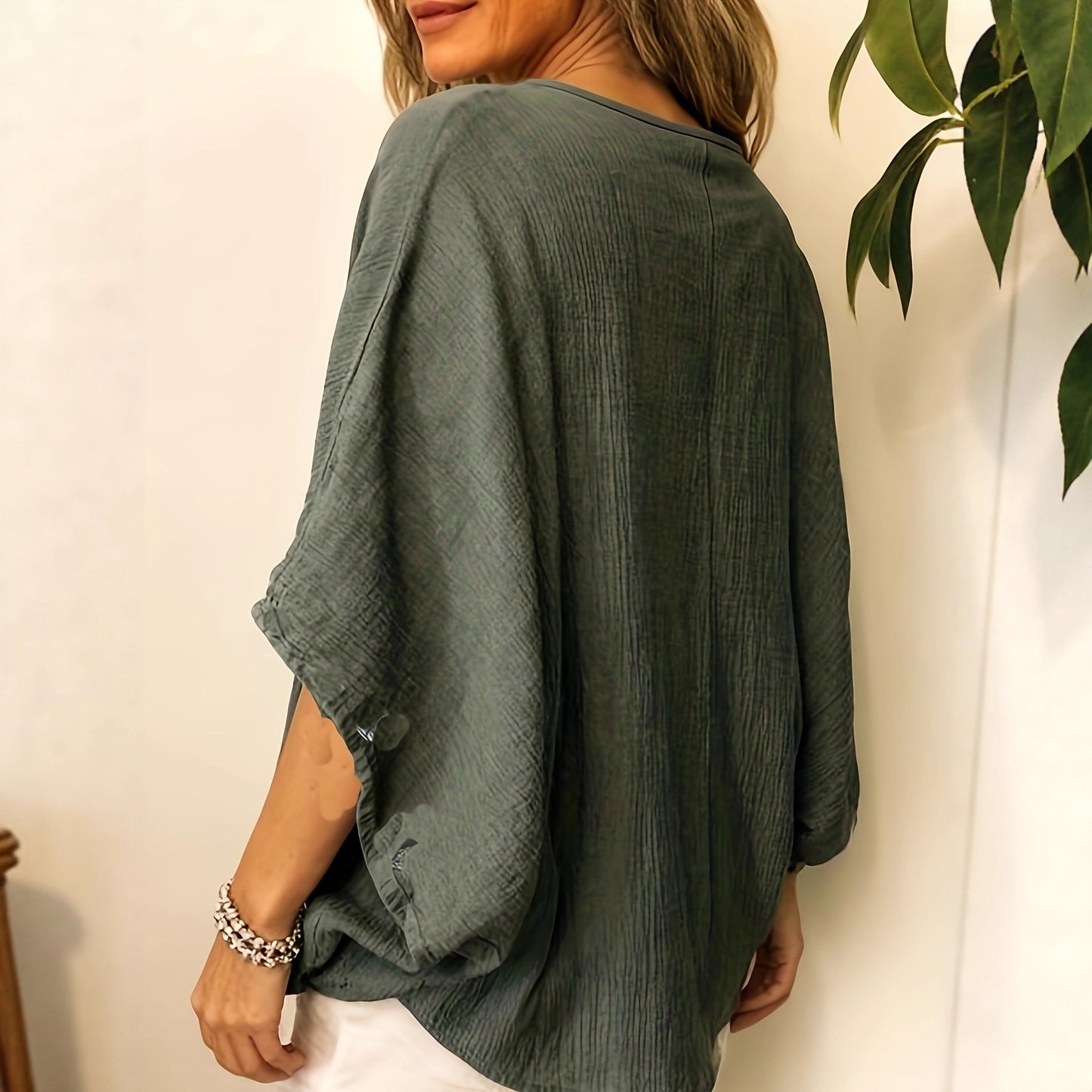 Haut femme polyvalent, uni, en coton et lin, manches chauve-souris