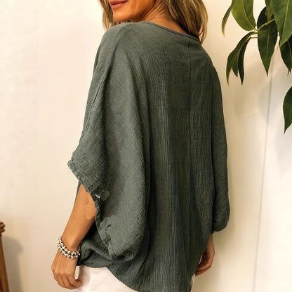 Haut femme polyvalent, uni, en coton et lin, manches chauve-souris