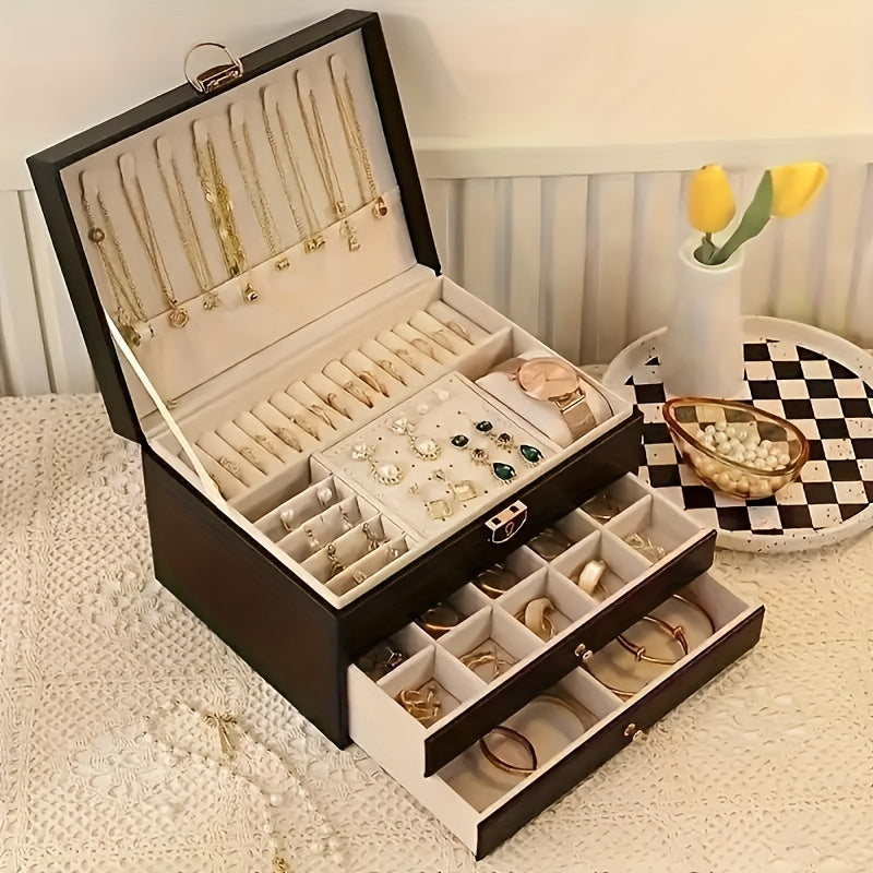 Boîte à bijoux en PU de 25cm — tiroirs, noir, rose et vert