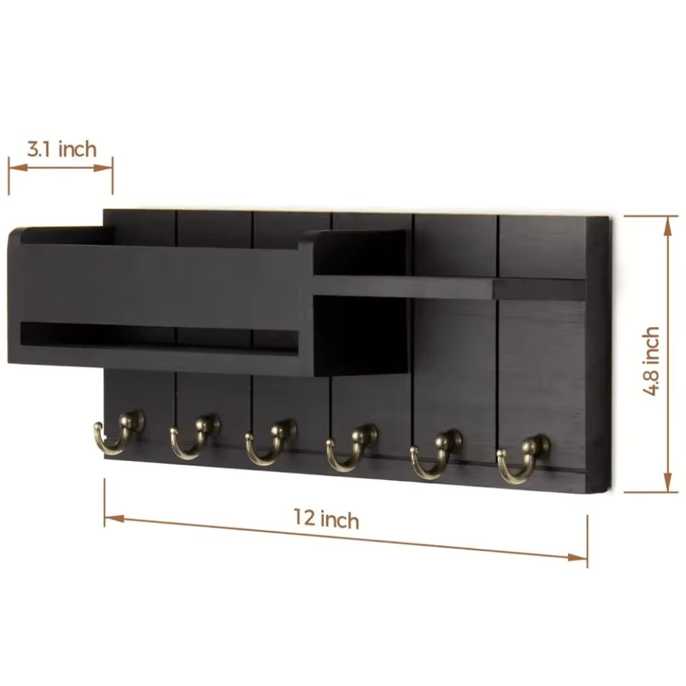 DecorHook Wall-Mounted Solid Wood Organizer – 6 Hooks & Center Mail Holder