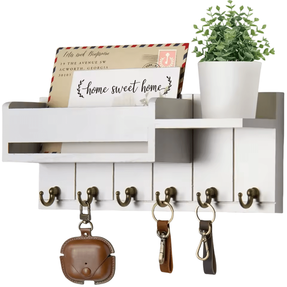 DecorHook Wall-Mounted Solid Wood Organizer – 6 Hooks & Center Mail Holder