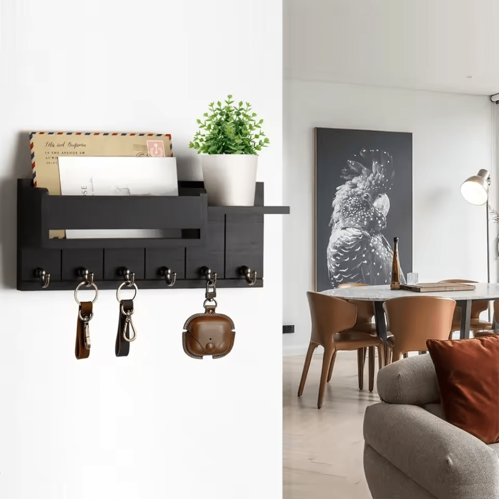 DecorHook Wall-Mounted Solid Wood Organizer – 6 Hooks & Center Mail Holder