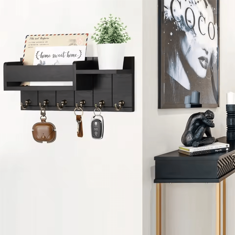 DecorHook Wall-Mounted Solid Wood Organizer – 6 Hooks & Center Mail Holder
