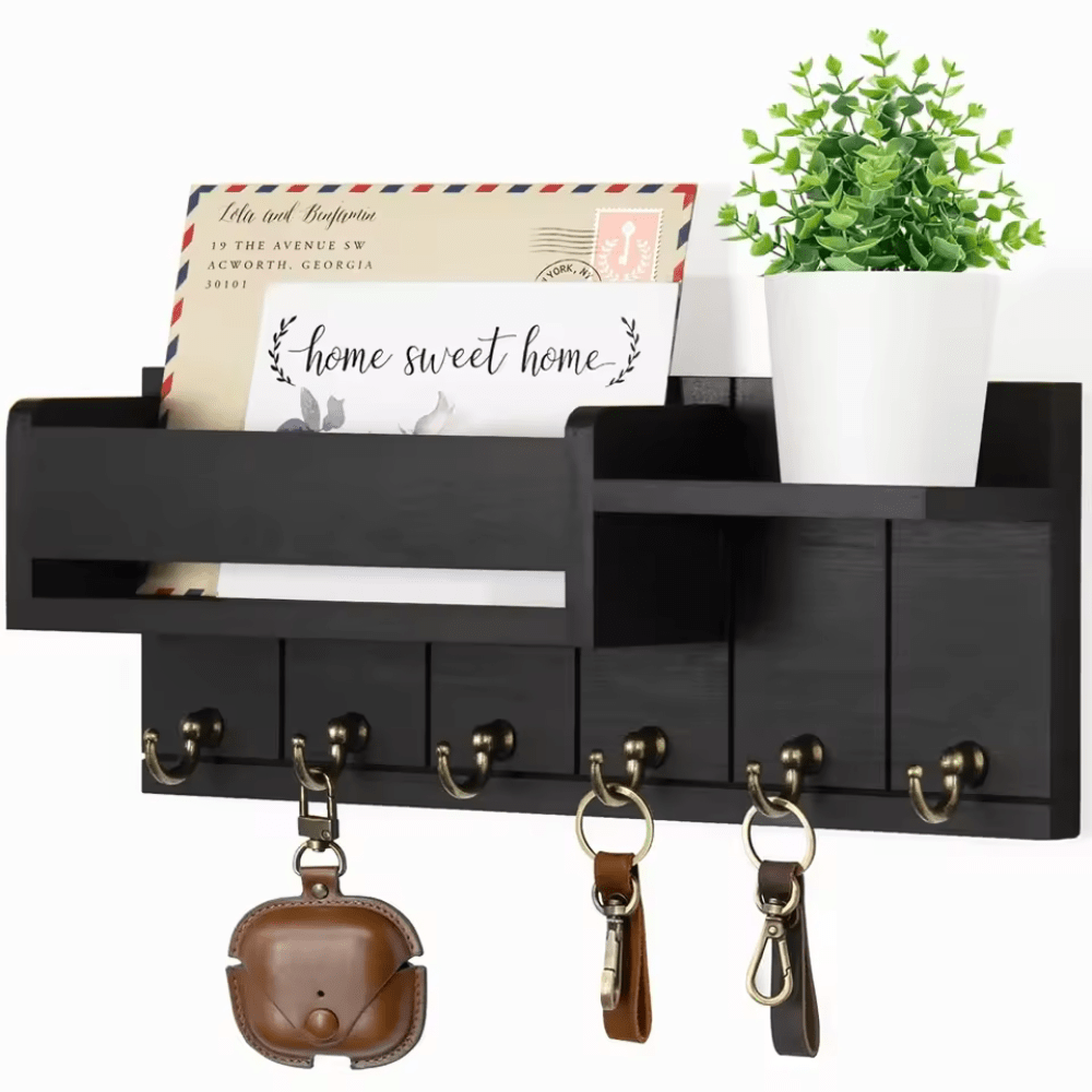 DecorHook Wall-Mounted Solid Wood Organizer – 6 Hooks & Center Mail Holder