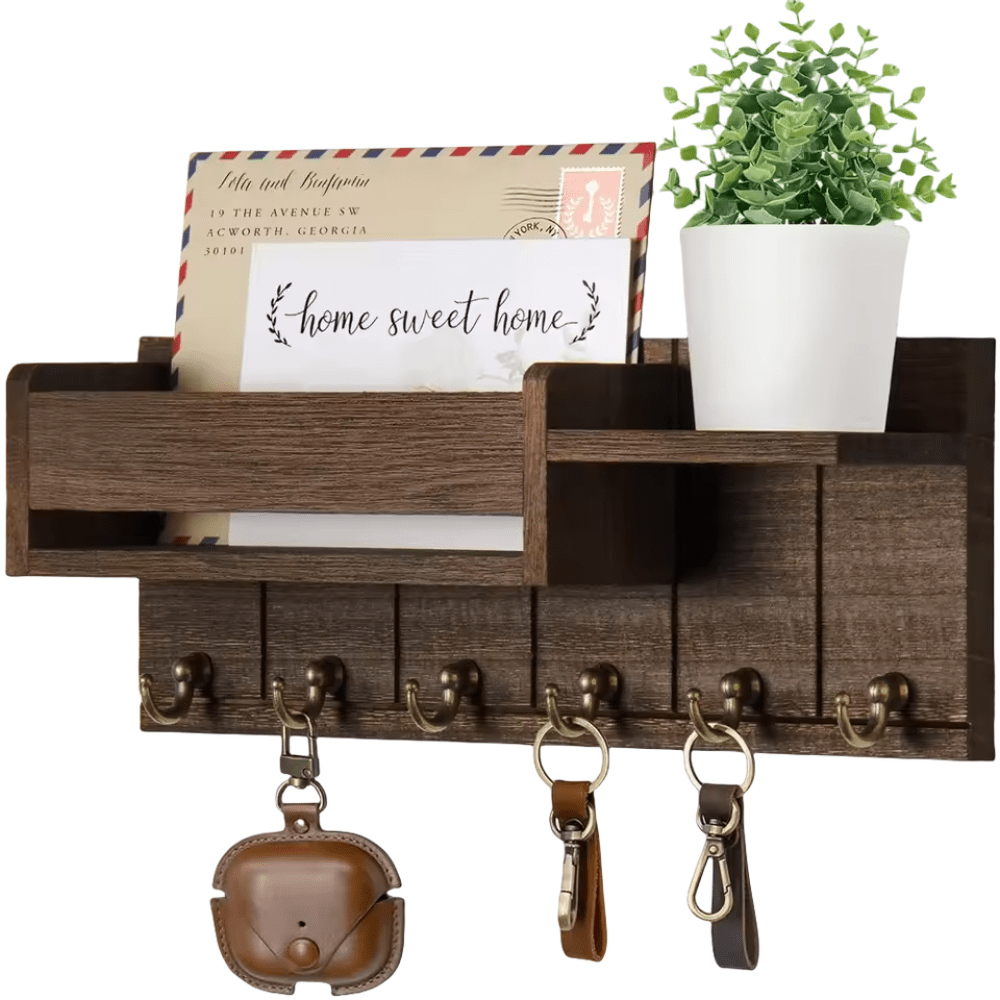DecorHook Wall-Mounted Solid Wood Organizer – 6 Hooks & Center Mail Holder