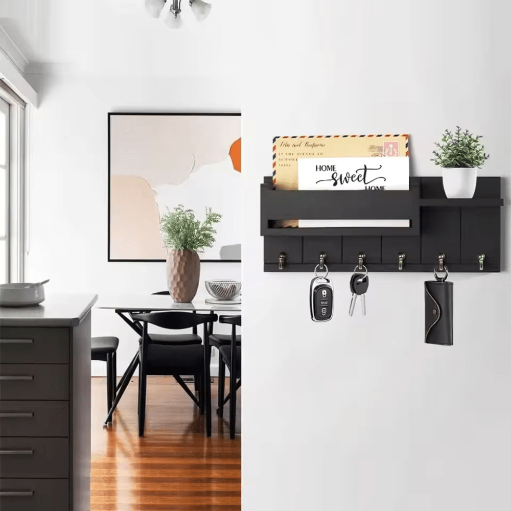 DecorHook Wall-Mounted Solid Wood Organizer – 6 Hooks & Center Mail Holder