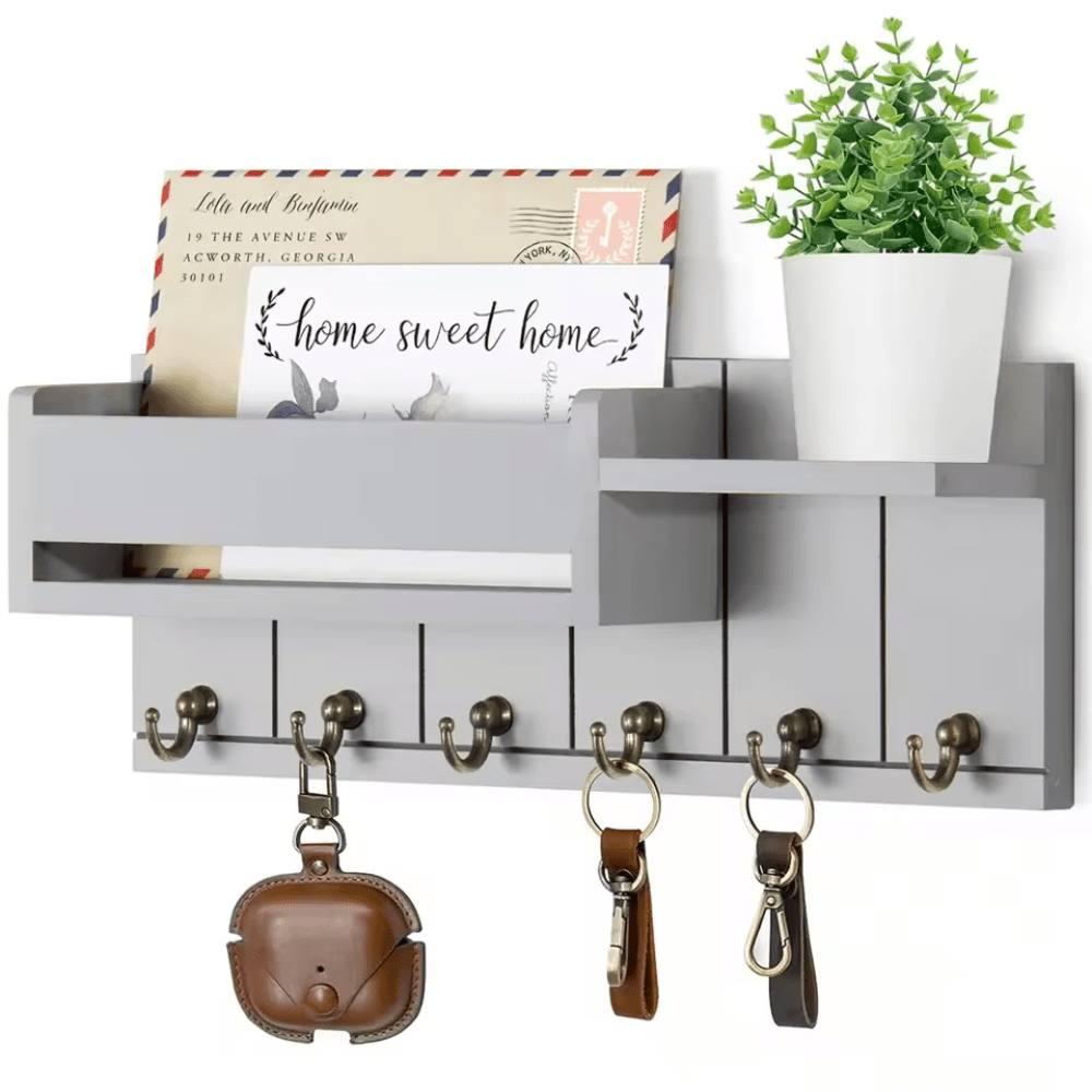 DecorHook Wall-Mounted Solid Wood Organizer – 6 Hooks & Center Mail Holder