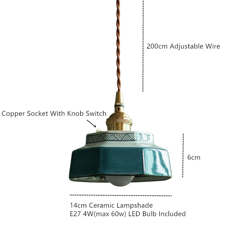 Lampă suspendată din ceramică pictată manual, element de fixare din cupru