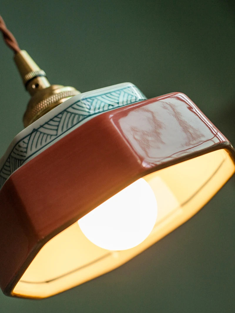 Lampă suspendată din ceramică pictată manual, element de fixare din cupru