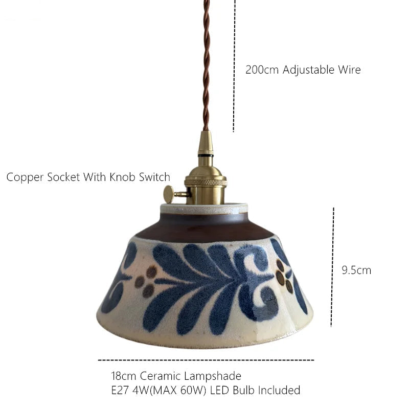Ceramiczna lampa wisząca — miedziana oprawa, motyw kwiatowy, E27, 4 wzory
