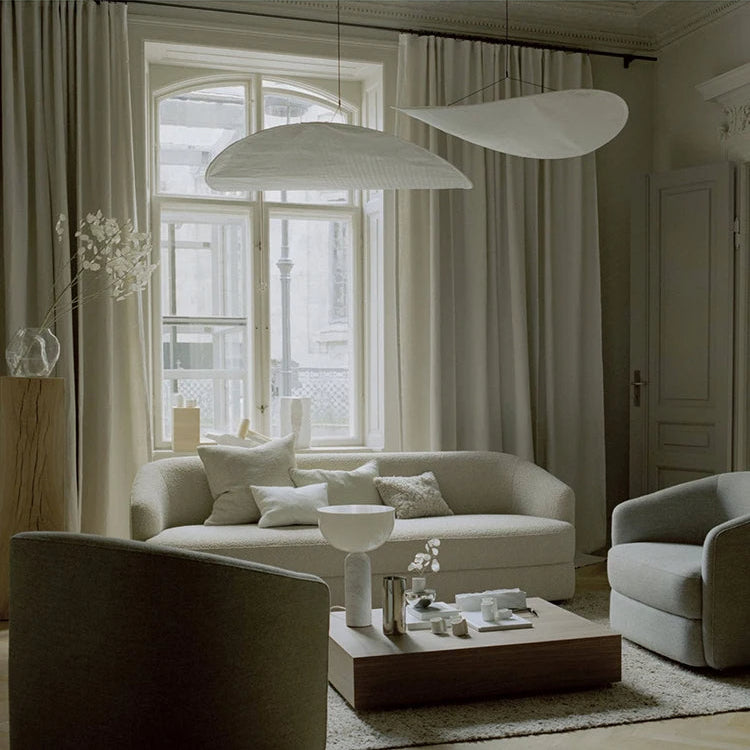 Lampa wisząca w stylu Japandi — ręcznie tkany jedwabny klosz, Ø40/Ø60/Ø80