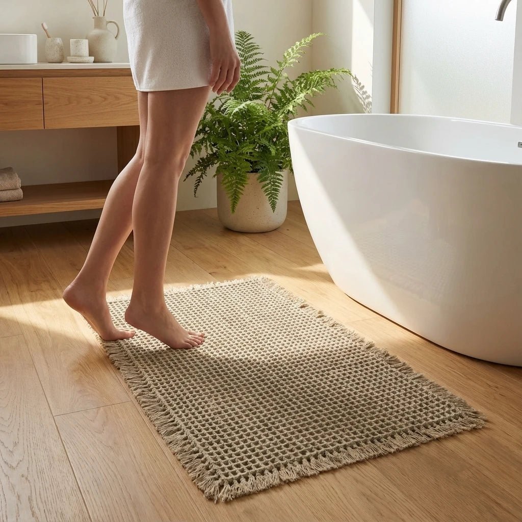 DRYMESH rychleschnoucí koupelnová předložka — Vysoce absorpční povrch s voštinovou síťovinou, měkká polstrovaná vrchní vrstva