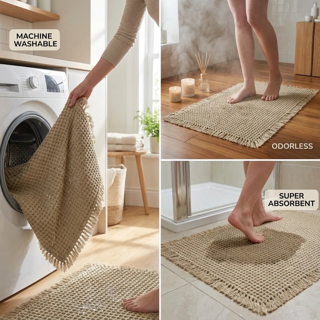 DRYMESH rychleschnoucí koupelnová předložka — Vysoce absorpční povrch s voštinovou síťovinou, měkká polstrovaná vrchní vrstva