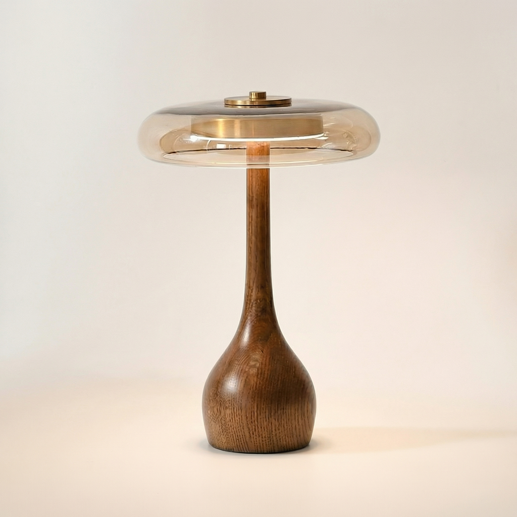 Wooden Table Light with Amber Glass Shade - Wildoxy