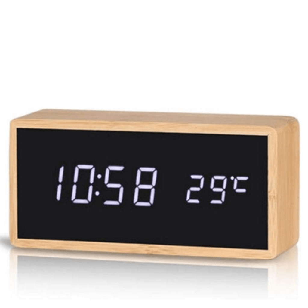 EcoClock digitalt bambusvækketur — LED-skærm til tid og temperatur