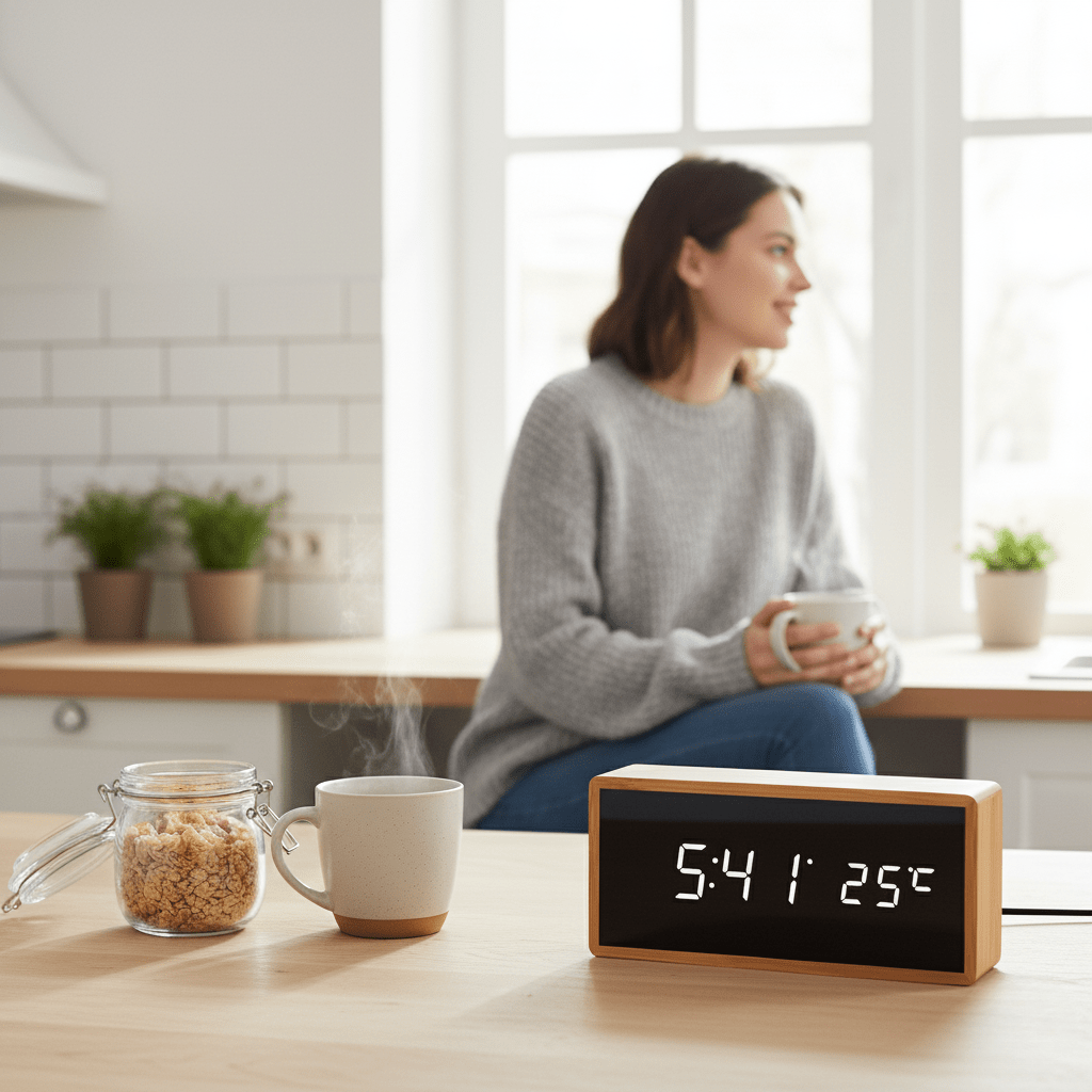 EcoClock digitalt bambusvækketur — LED-skærm til tid og temperatur