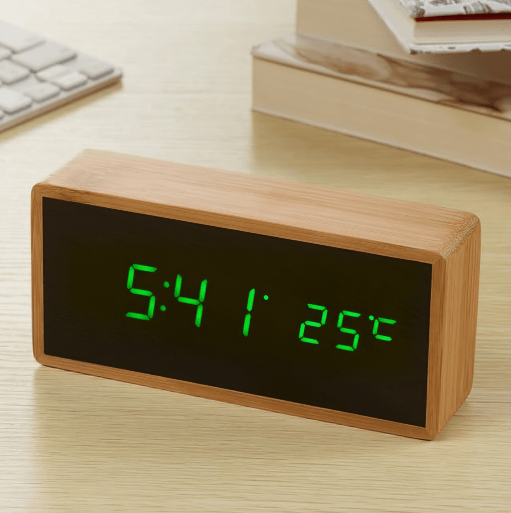 EcoClock digitalt bambusvækketur — LED-skærm til tid og temperatur