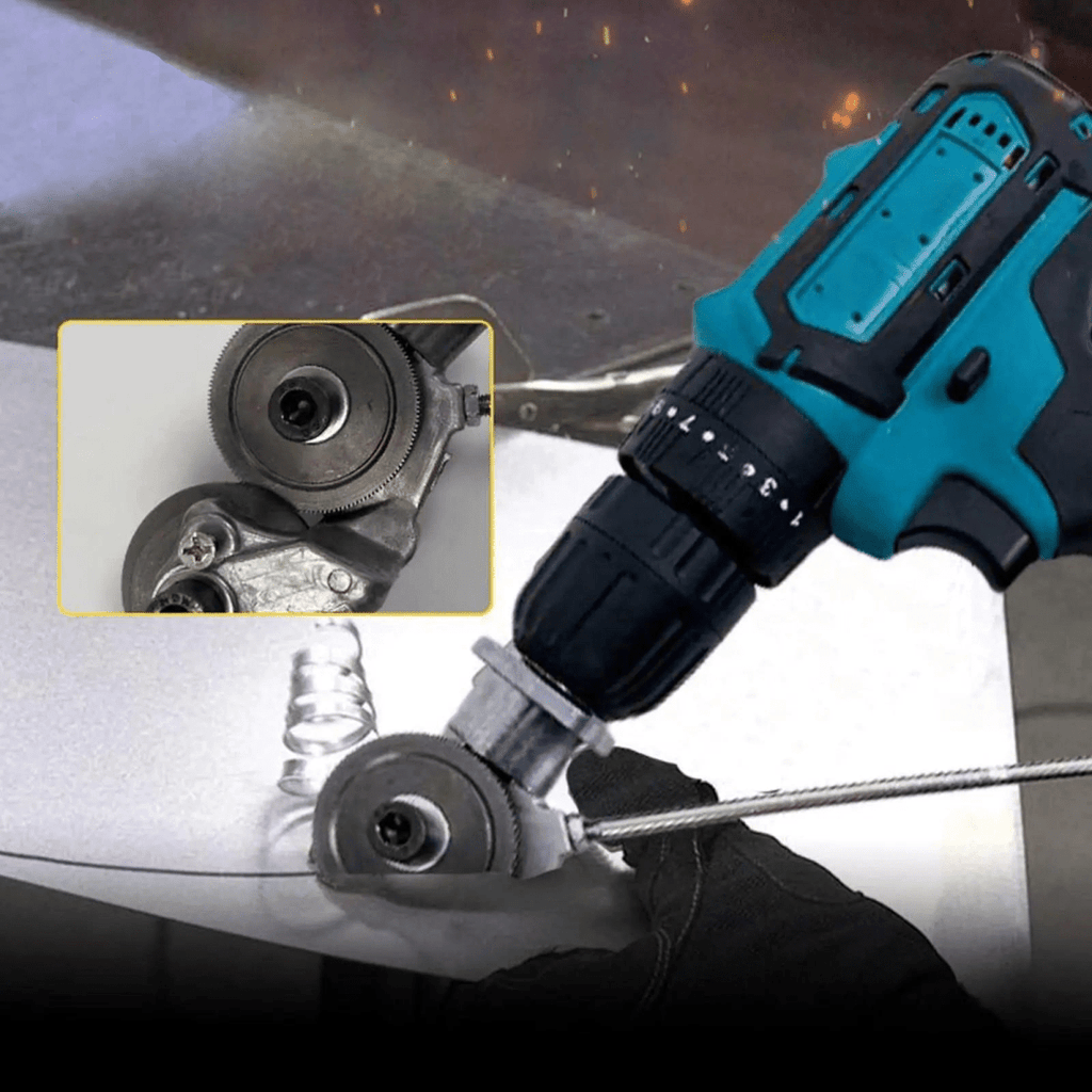 GyroCut Drill Attachment — Precision Metal Snipping Mechanism, Integrated Safety Guide