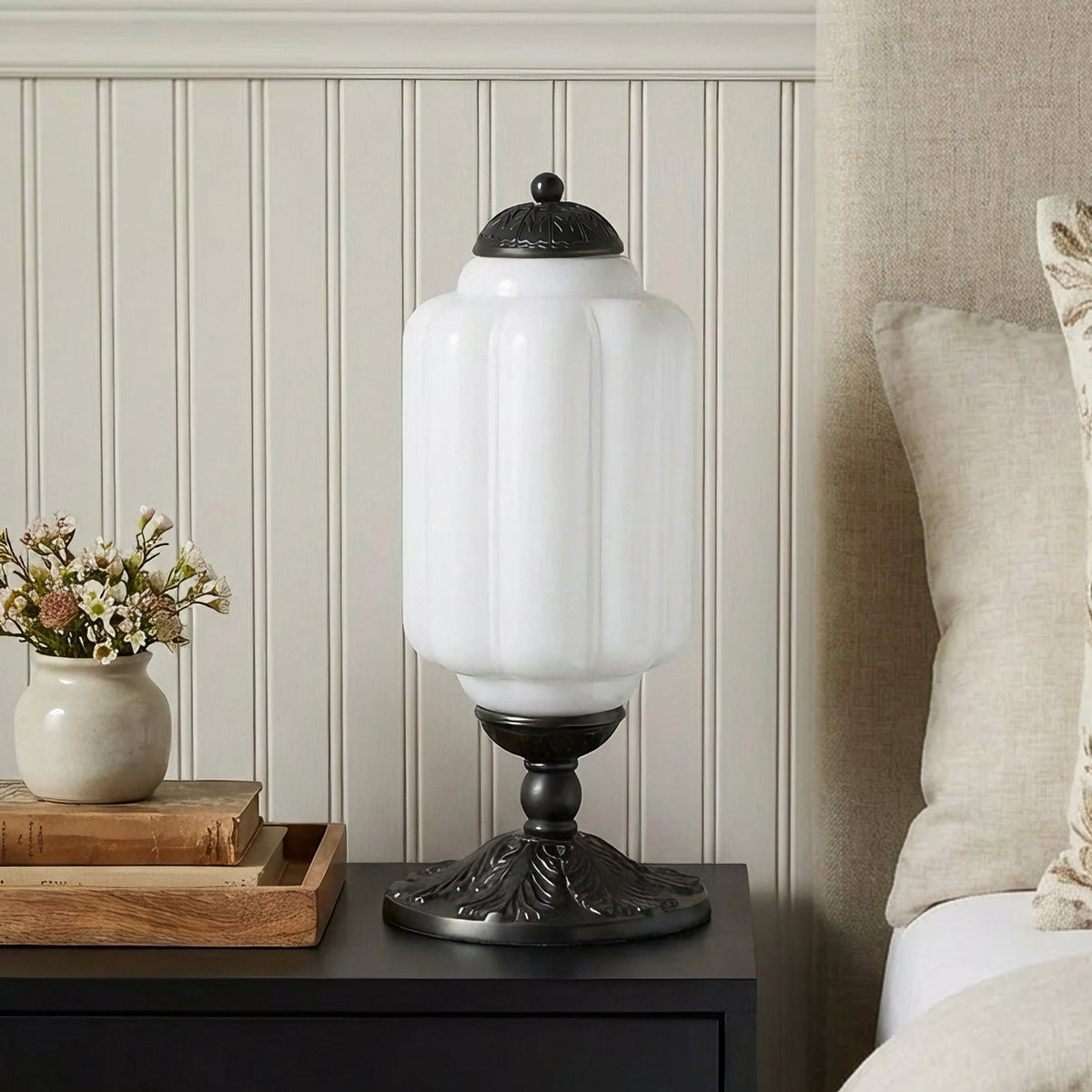Retro Lamp — Cream-Colored Textured Glass, Brass/Black Frame