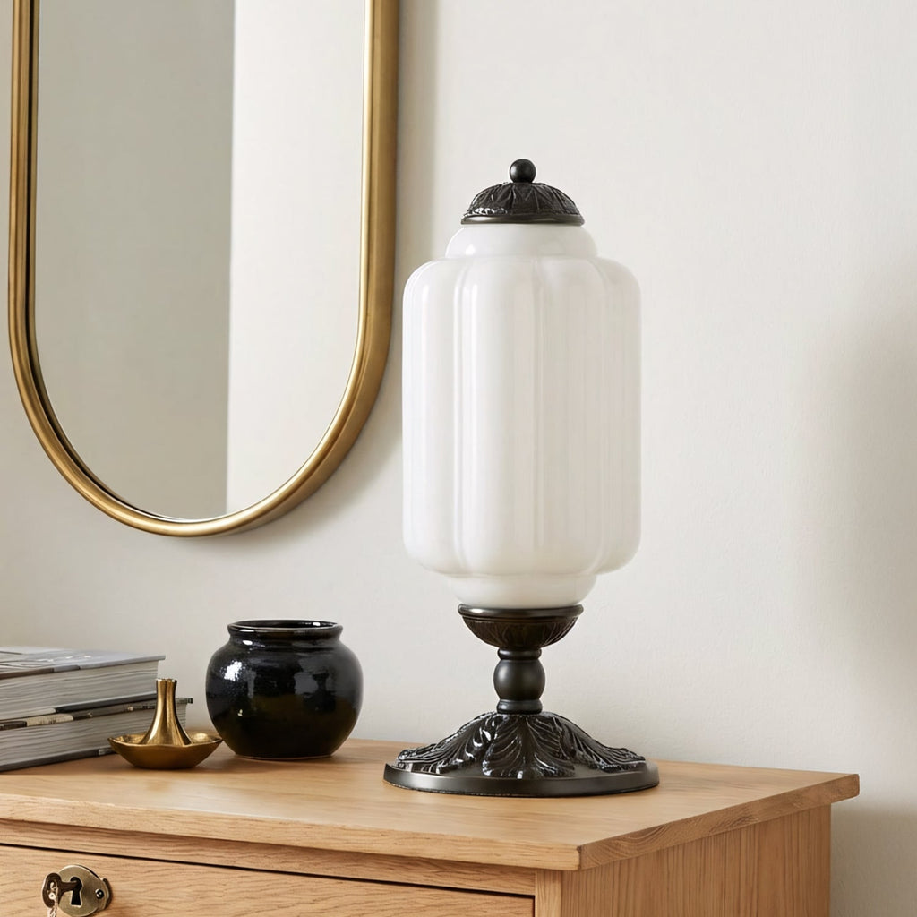 Retro Lamp — Cream-Colored Textured Glass, Brass/Black Frame