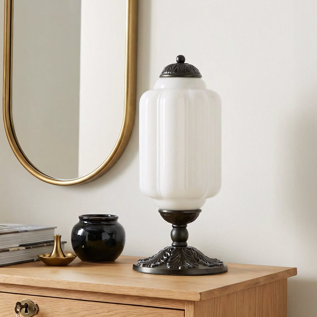 Retro Lamp — Cream-Colored Textured Glass, Brass/Black Frame