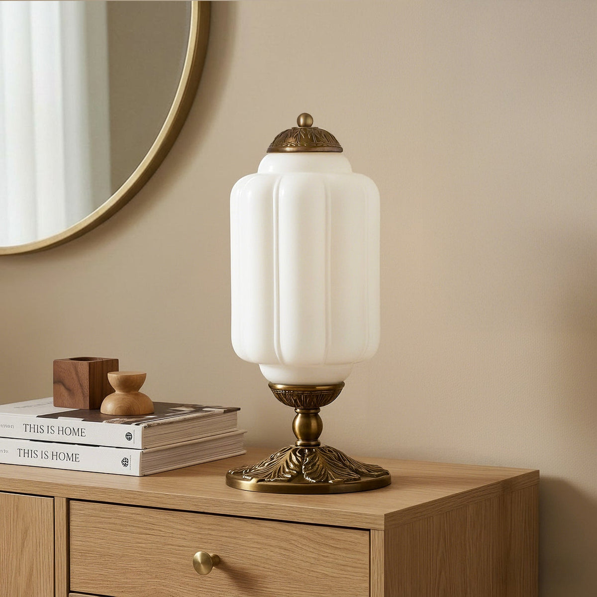 Retro Lamp — Cream-Colored Textured Glass, Brass/Black Frame