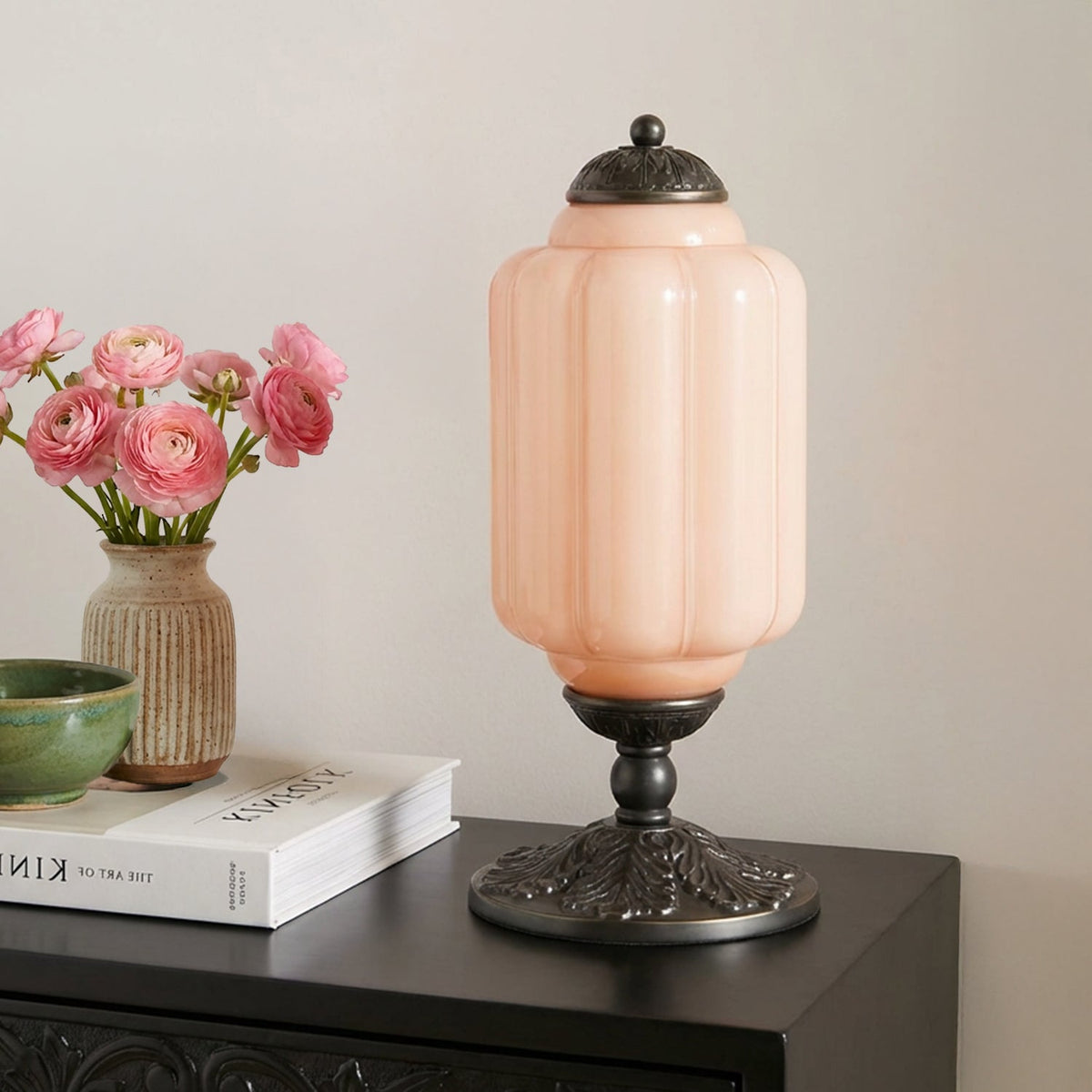 Retro Lamp — Cream-Colored Textured Glass, Brass/Black Frame