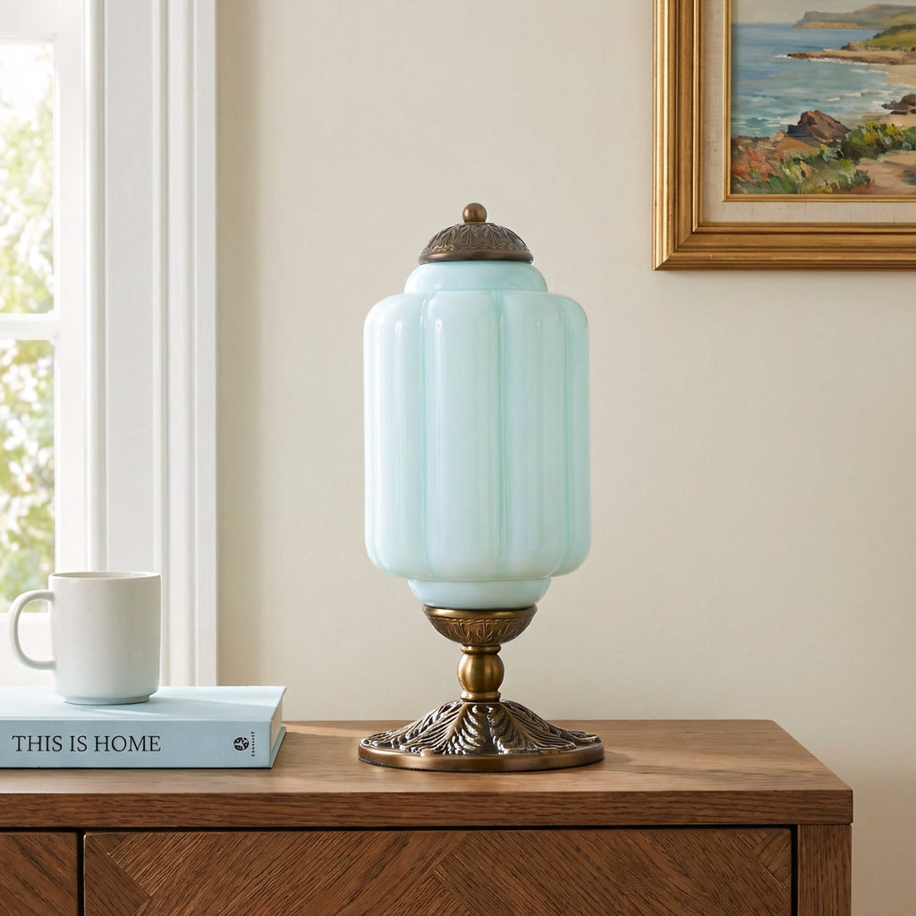Retro Lamp — Cream-Colored Textured Glass, Brass/Black Frame