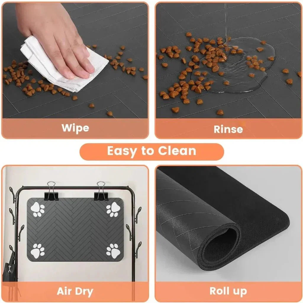 Tapete de chão para taças de comida de animais FEEDDRY — parte superior absorvente, base impermeável antiderrapante