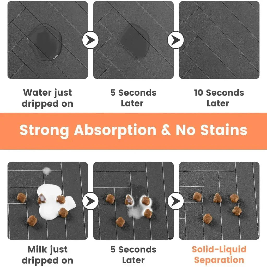 Tapete de chão para taças de comida de animais FEEDDRY — parte superior absorvente, base impermeável antiderrapante