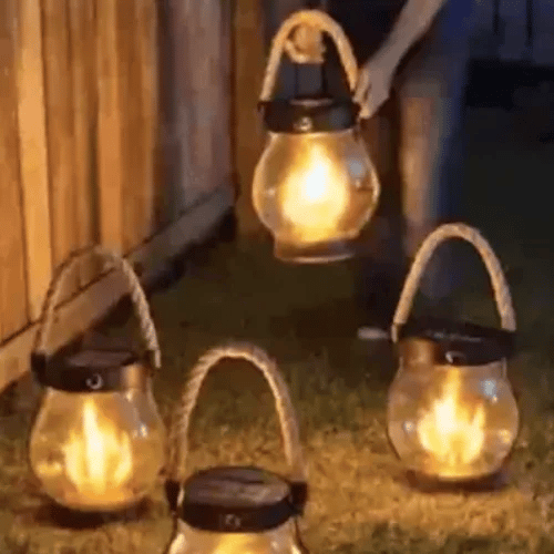 Solar-Flammenlaterne - 22 LEDs, 25,5 cm, Hanfseil, wasserdicht