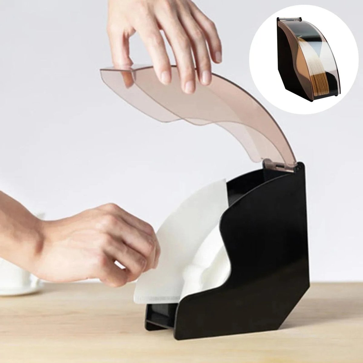 Filteria Hand Brew Coffee Filter Organizer — Clear Acrylic Lid, Holds 100