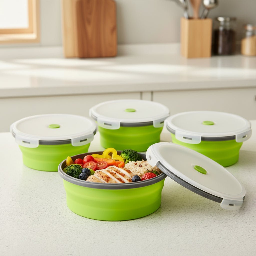 Ensemble de boîtes-repas bento pliables en silicone Flexibento — conception à pliage compact, couvercle étanche