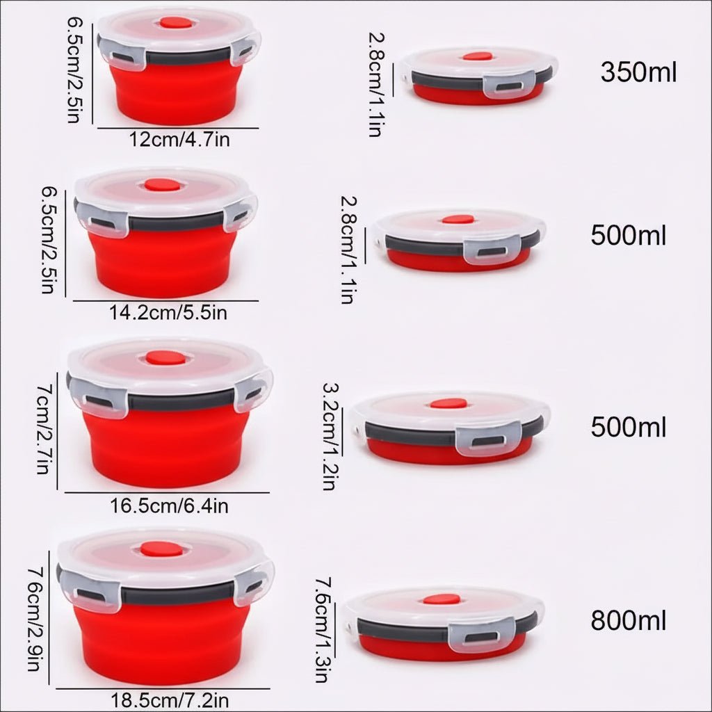 Ensemble de boîtes-repas bento pliables en silicone Flexibento — conception à pliage compact, couvercle étanche