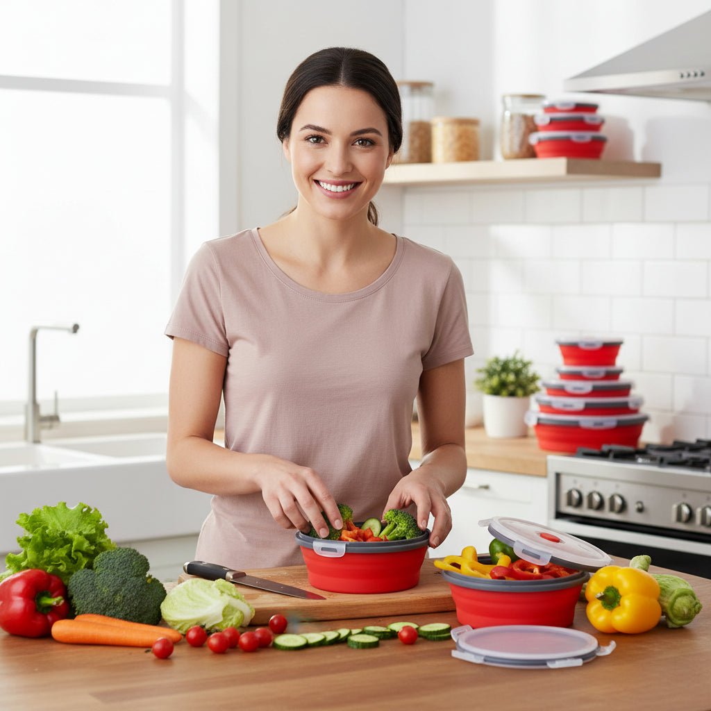Ensemble de boîtes-repas bento pliables en silicone Flexibento — conception à pliage compact, couvercle étanche