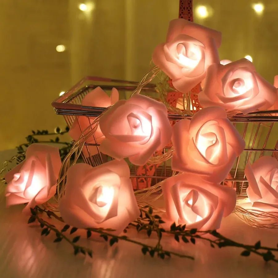 Floraglow guirlandes lumineuses féeriques à roses — LED blanc chaud doux, longueur de 2m, accents de roses artificielles