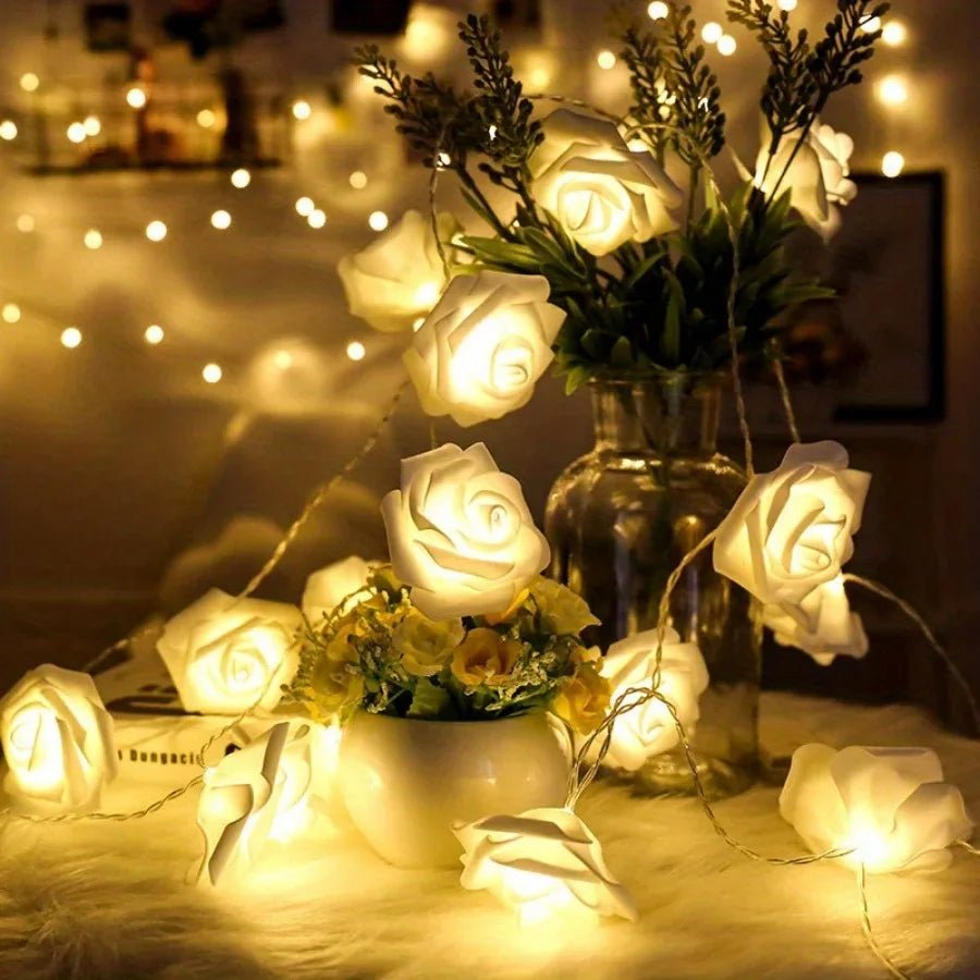 Floraglow guirlandes lumineuses féeriques à roses — LED blanc chaud doux, longueur de 2m, accents de roses artificielles