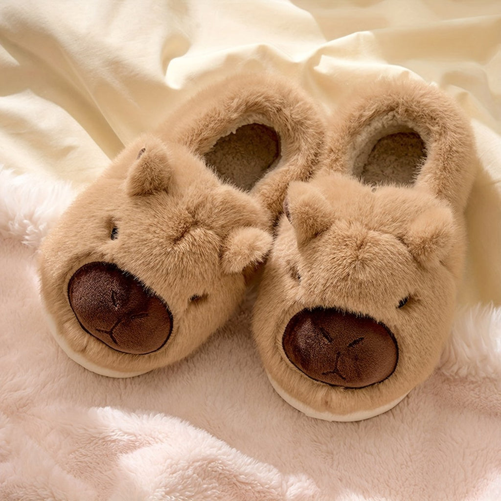Chinelos de peluche FLUFFBARA com capivara — Sola antiderrapante, interior e exterior em peluche
