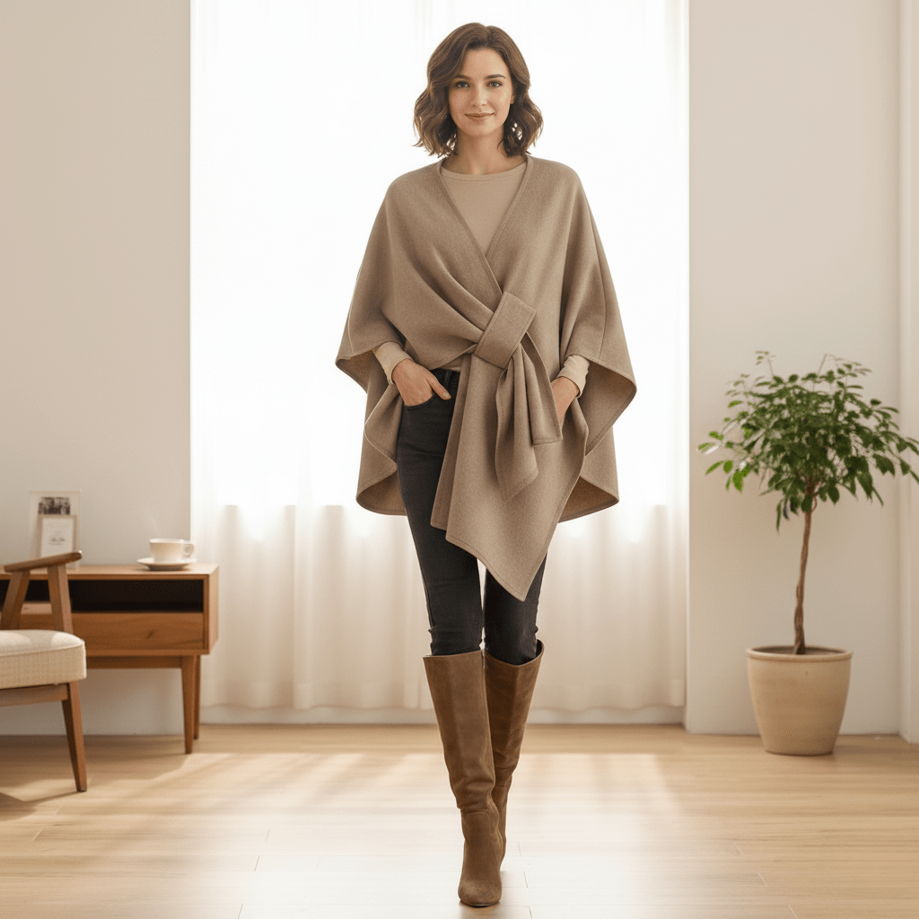 Frostveil Eleganter drapierter Schal-Mantel — Schützende Schicht