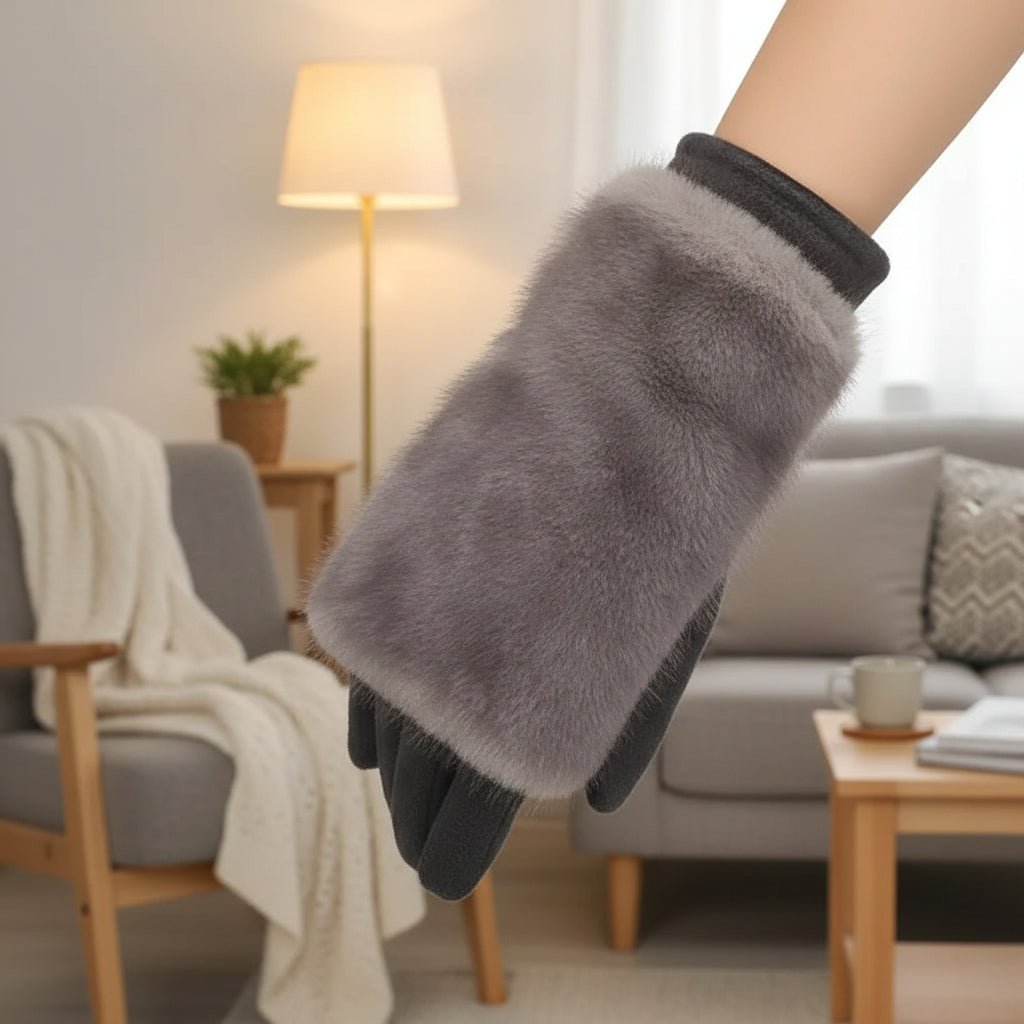 FURVIA vinterhandskar med mockayta — kaninpälsfoder, kompatibla med pekskärmar