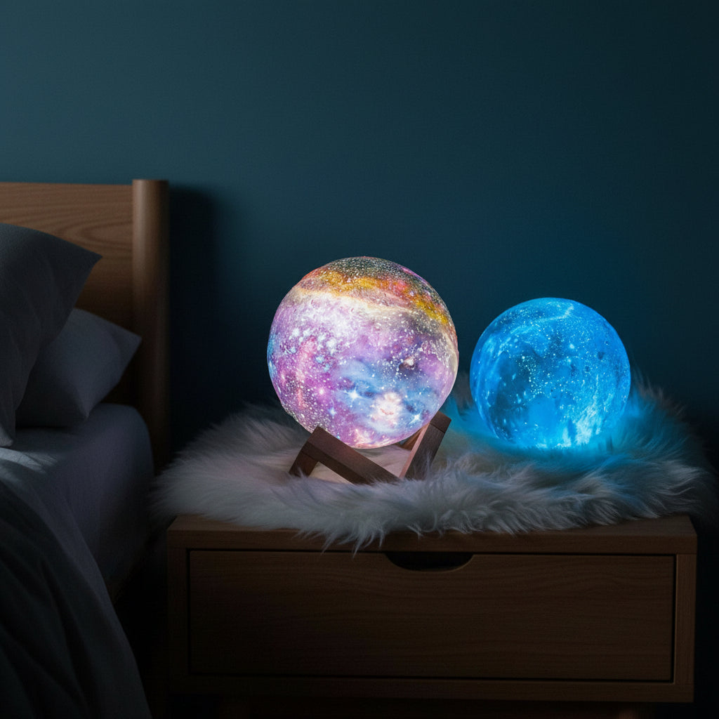 Galaxy-maamlamp — 3D-geprinte verlichting, 16 kleurmodi, houten standaard, afstandsbediening