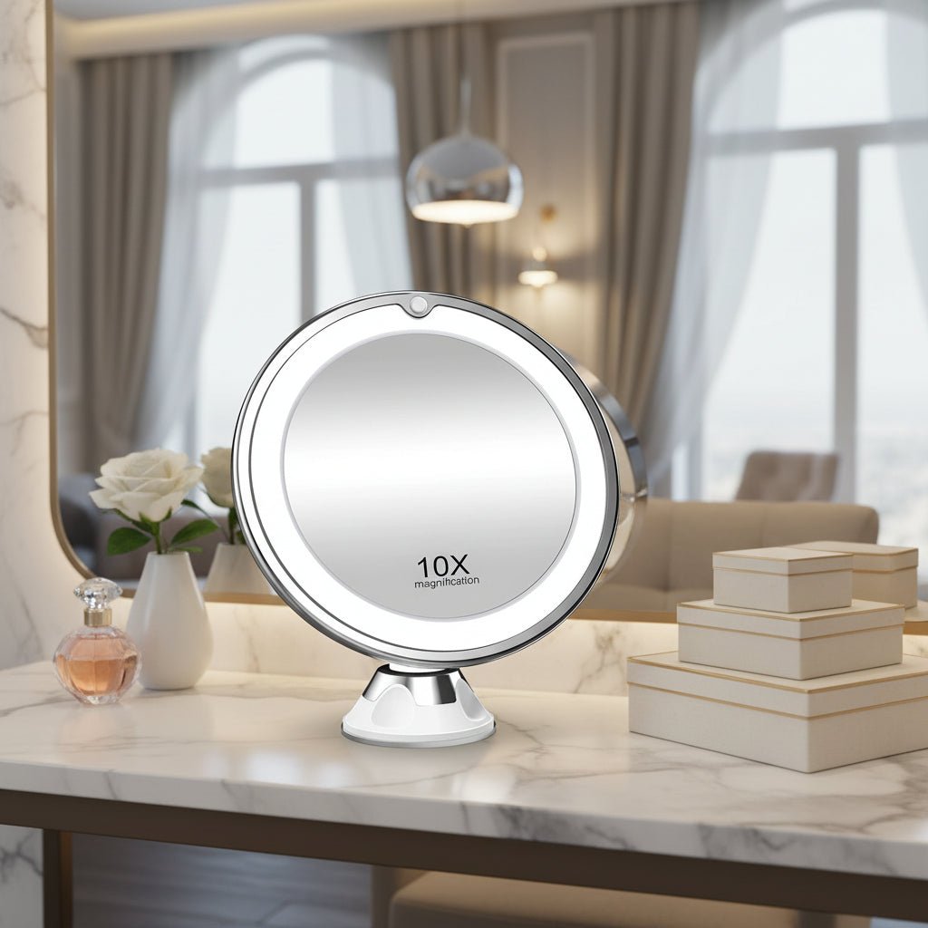 GlamZoom 10x LED Vanity Mirror — Clear Magnified View, Integrated Lighting