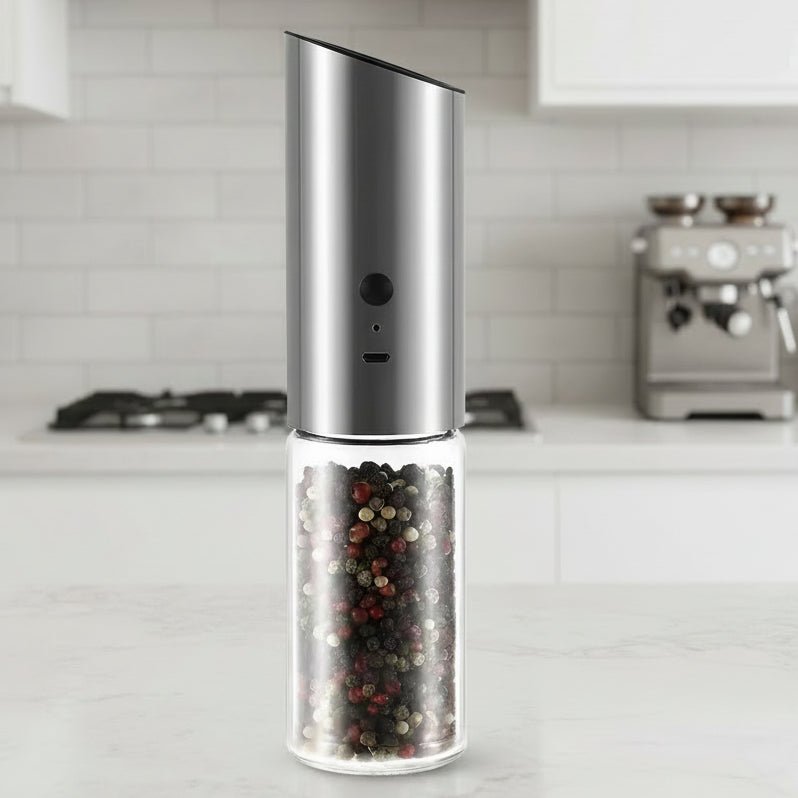 GRINDVOLT pepperkvern i rustfritt stål — USB-oppladbar, justerbare innstillinger for malingsgrad