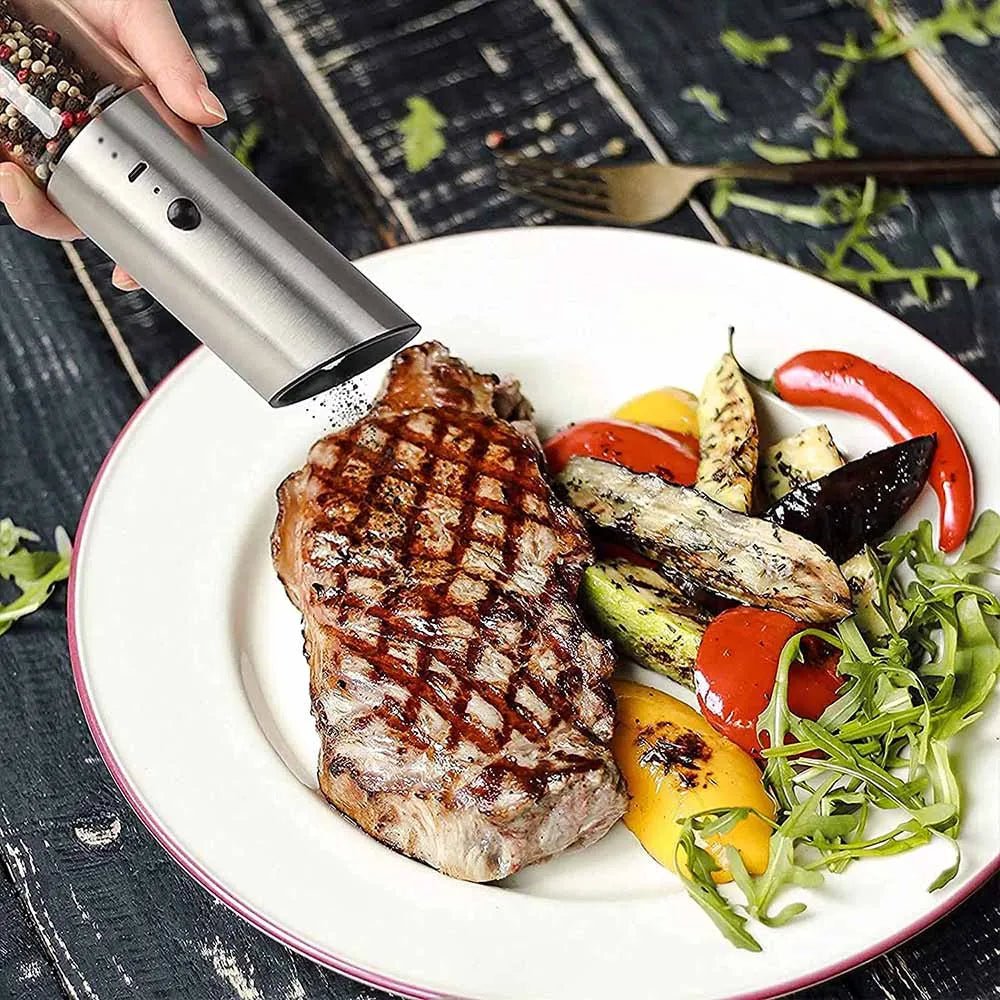 GRINDVOLT pepperkvern i rustfritt stål — USB-oppladbar, justerbare innstillinger for malingsgrad