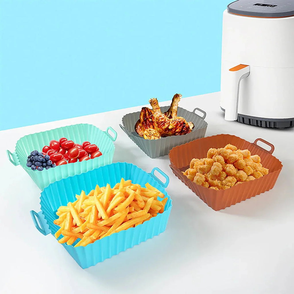 GRIPFRY siliconenvoering voor airfryer — vierkant profiel, verhoogd bobbelpatroon, handgrepen aan de zijkanten