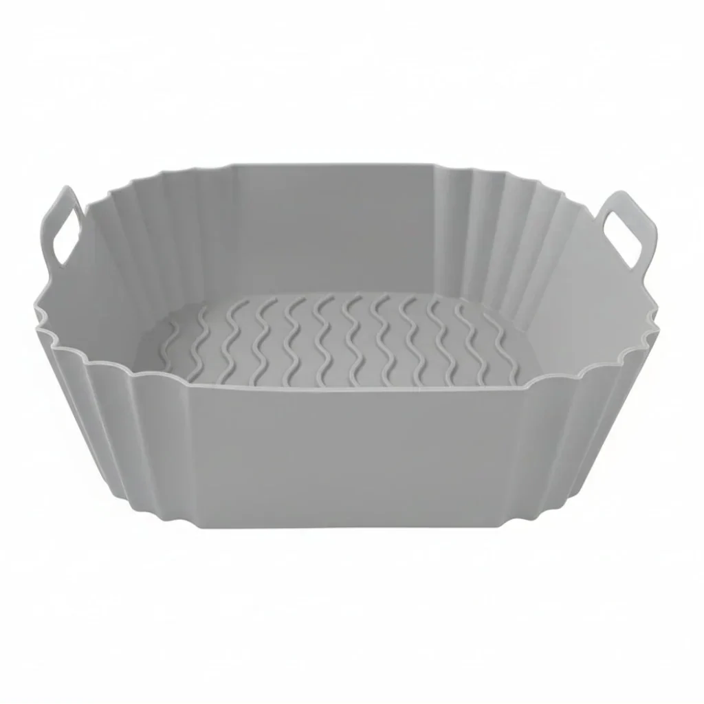 GRIPFRY siliconenvoering voor airfryer — vierkant profiel, verhoogd bobbelpatroon, handgrepen aan de zijkanten