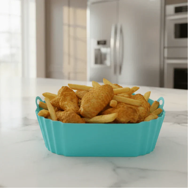 GRIPFRY siliconenvoering voor airfryer — vierkant profiel, verhoogd bobbelpatroon, handgrepen aan de zijkanten