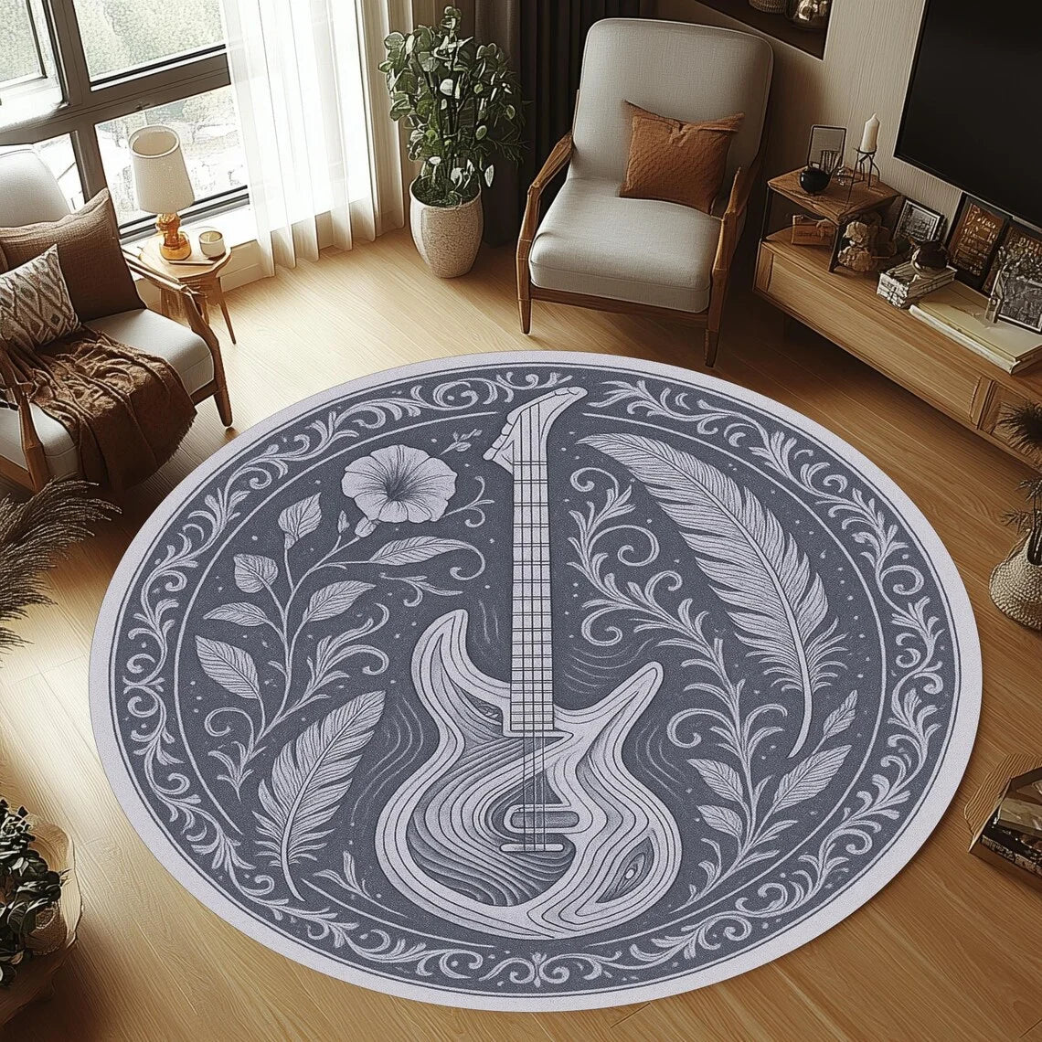 GuitarWave knus rond flanellen vloerkleed — antislip, machinewasbaar